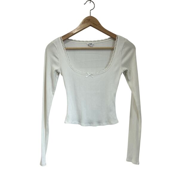 Garage White Ribbed Long Sleeve Scoop Neck Top Stretchy Size XS - Picture 2 of 8